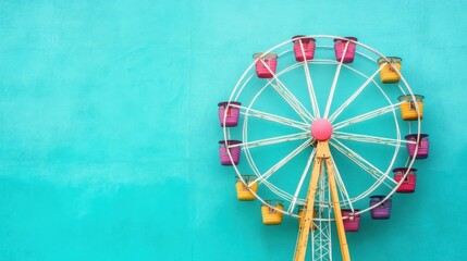 Obraz premium A colorful carnival Ferris wheel highlighted on a rich turquoise background for a festive vibe