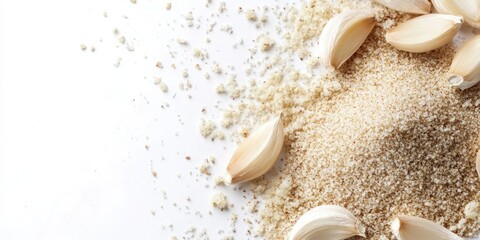 Ground garlic and garlic cloves on a white background with free space for text demonstrating spices and herbs concept in neutral tones.