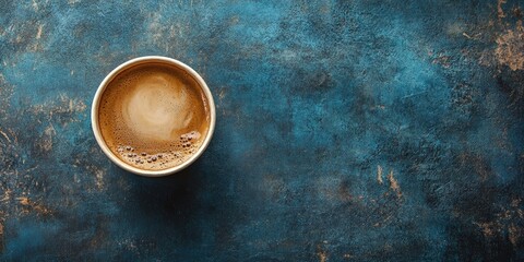 Disposable paper cup filled with hot coffee placed on a textured blue rustic background with ample copy space on the right side for text.