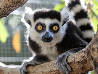 Obraz premium Curious ring-tailed lemur gazes intently from its perch in a lush tropical habitat