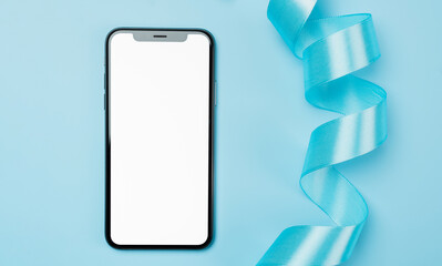 Smartphone mockup of blank screen and blue ribbon bow color curly scroll isolated on background.