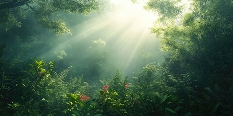 Obraz premium Serene morning forest scene with lush green foliage and vibrant red flowers illuminated by sun rays piercing through soft foggy atmosphere
