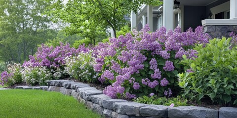 Vibrant lilac flowers in full bloom, purple and white patches in lush garden landscape, stone border, soft green lawn, sunny spring day.