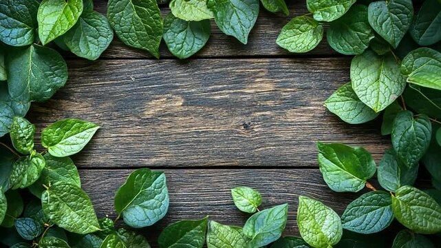 Green Leaves Frame on Rustic Wood: A rustic wooden surface is beautifully framed by a vibrant border of fresh, green leaves, creating a natural and organic backdrop perfect for product displays.