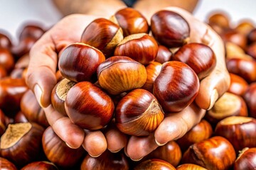 Obraz premium Close-up of Fresh Chestnuts in Hand, White Background - Autumn Harvest