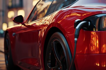 Red Electric Car Charging at Night in the City