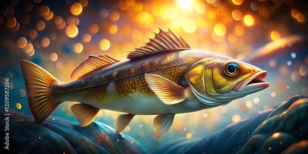 Poster close-up of fresh cod fish with bokeh background - high-resolution stock photo