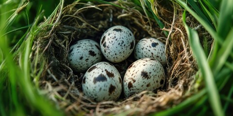 Japanese Quail eggs nestled in a grassy nest, featuring brown speckles on cream-colored shells, surrounded by lush green grass.