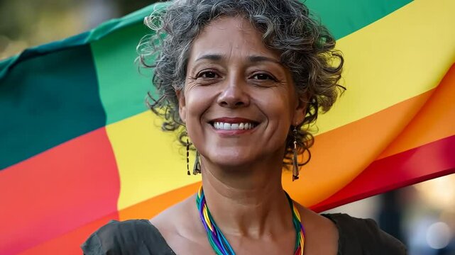 A woman is holding a rainbow flag and smiling