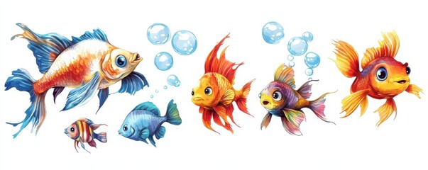 Cartoon fish and coral reef illustration, playful marine life with colorful fish and underwater plants in vibrant design