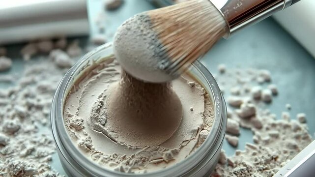 A makeup brush is sitting on top of a jar of powder