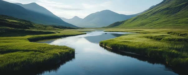Fototapeta premium A winding river snaking its way through a valley, its waters reflecting the surrounding mountains.