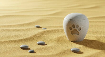 Stone pet urn with paw print on sand surrounded by pebbles.