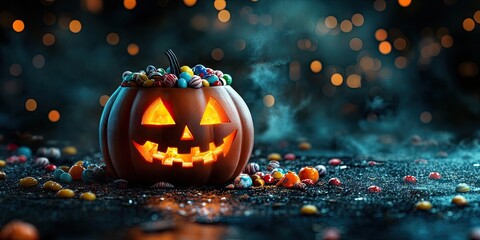 Fototapeta premium Halloween Jack o Lantern glowing with a mischievous grin filled with colorful candies surrounded by scattered sweets on a dark smoky backdrop
