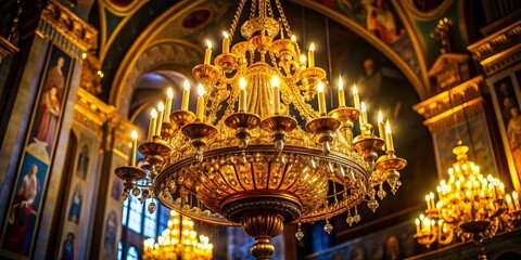 Obraz premium Close-up of Ornate Golden Chandelier in a Christian Church Interior at Night