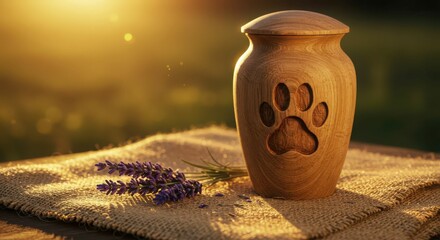  Wooden pet urn with paw print and lavender at sunset.