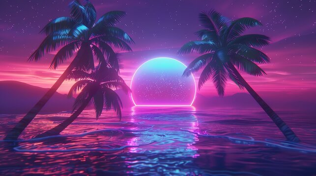 A neon glowing circle in a tropical beach scene at night.