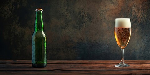Green beer bottle next to golden lager in a tulip glass with frothy head on dark wooden surface textured background ample copy space