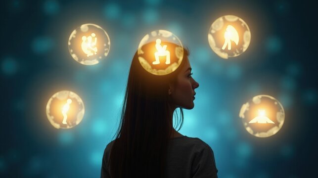  A person surrounded by glowing orbs of light, each representing a coping mechanism like breathing, exercise, and support, illustrating a multi-faceted approach to anxiety management.