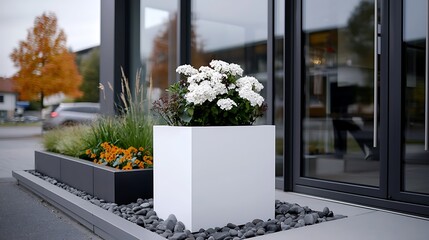 Modern White Planter with White Flowers and Autumnal Plants