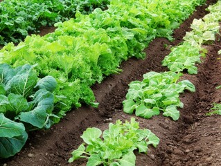 Lush green vegetable rows thrive in a vibrant farm garden under bright sunlight