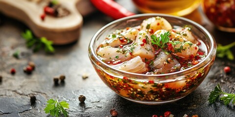 Closeup of a glass bowl filled with vibrant fish marinade featuring herbs and spices against a dark textured background with scattered peppercorns and herbs.