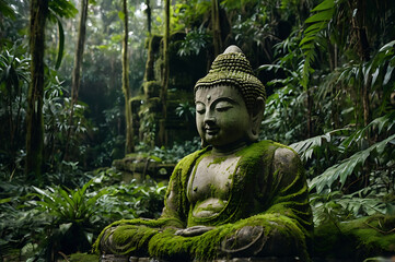 Ancient Stone Buddha Statue Covered In Moss, Partially Hidden In A Lush Jungle