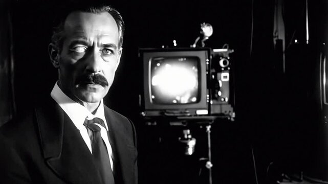 Vintage black and white footage of a mad scientist with a moustache and tie in his lab with equipment. Ideal for science, sci-fi, and supernatural themes.