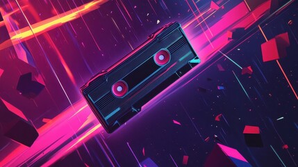 Obraz premium Retro Cassette Tape in Vibrant Neon Lightscape