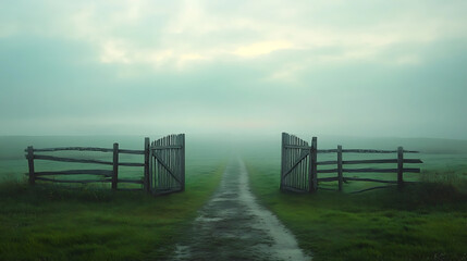 Obraz premium Open wooden gates in a misty field symbolizing freedom with a pathway leading into the unknown