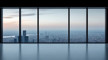 Fototapeta premium A stunning aerial view of a bustling cityscape, showcasing skyscrapers, streets, and parks through a large window frame.