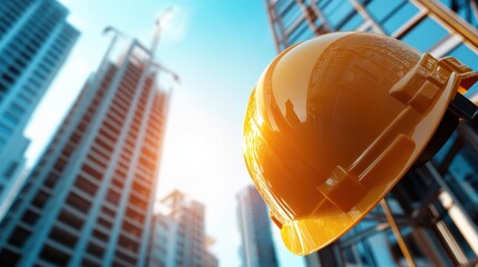 A hard hat rests securely on a pole, showcasing its bright color against the backdrop, emphasizing safety in construction environments.