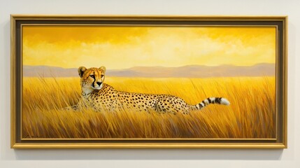 A resting cheetah framed by tall savanna grass, displayed on a pastel yellow background