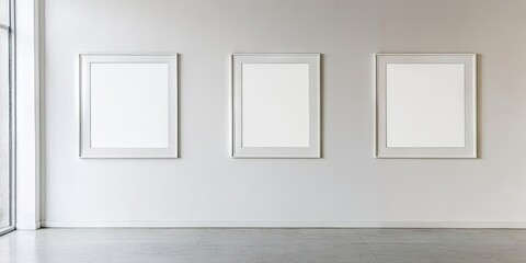 Three empty vertical picture frames with white borders arranged symmetrically on a clean white wall, creating ample space for artwork or text.