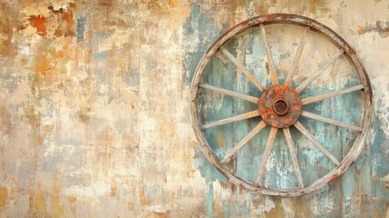 Fototapeta premium A rustic cartwheel set against a pale brown background for a farmhouse vibe