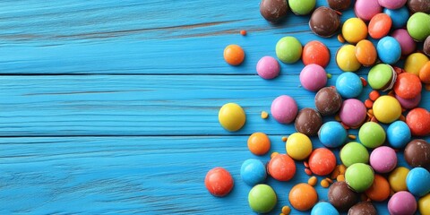 Vibrant multicolored chocolates and candy scattered on a bright blue wooden table with grain texture in top left positioning showcasing fun colors.