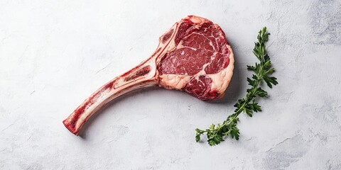 Tomahawk black angus prime beef chop steak on a light gray stone background with parsley garnish arranged to the left featuring ample copy space