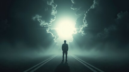  A bright light looming in the distance, while a person stands in the darkness, feeling paralyzed and unable to reach it, symbolizing the anxious gap between desire and action.
