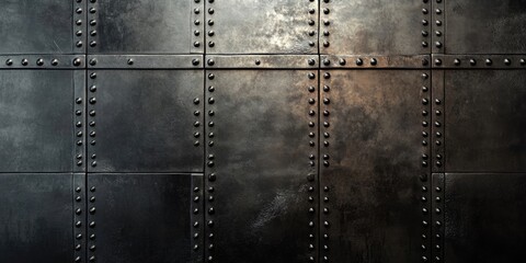 Textured metal backdrop with dark gray and black tones, featuring prominent rivets arranged in a grid pattern across the surface.