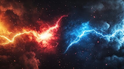 Obraz premium Fantasy lightning clash, galaxy background, fiery red and electric blue, cosmic scene, dramatic energy