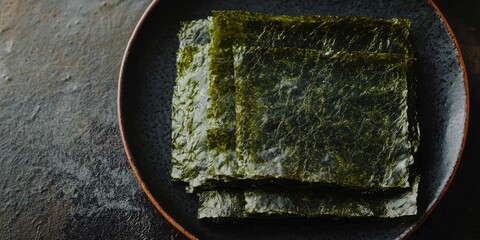 Nori sheets neatly stacked on a textured dark plate with a rustic background featuring deep blacks and subtle greens for culinary presentation