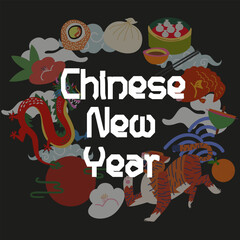 Chinese New Year 2025 modern art design. Asian festival poster. Creative art typography greeting card. Asian folk traditions, lunar New Year, mythical dragon, tiger, Chinese cuisine
