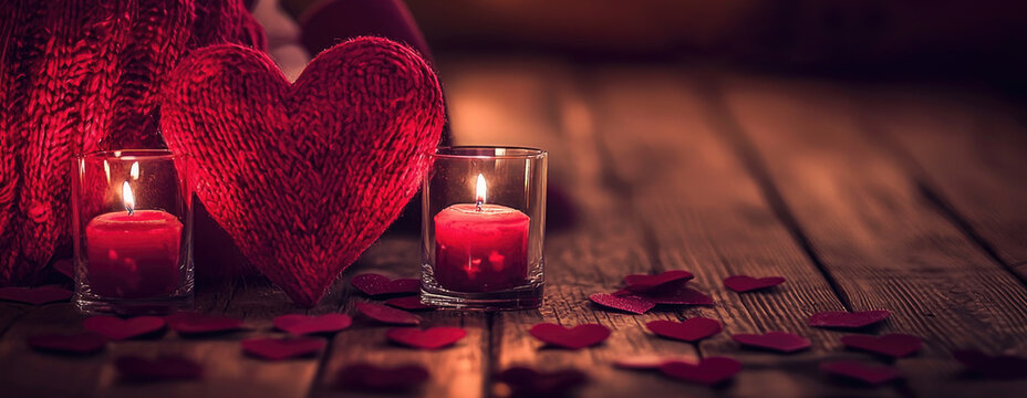 Romantic Valentine's Day background with red knitted heart and two candles. Horizontal banner for Valentine's Day and other romantic events