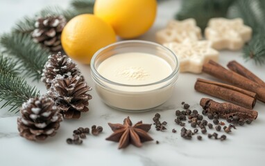 A bowl contains smooth cream, aromatic cinnamon, fresh lemons, and decorative pine cones, creating a harmonious blend of textures and scents.