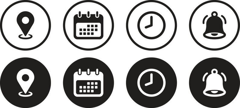 Set vector icons of location address, date, time and reminder in line and silhouette style. Schedule, event and plan icon symbol. Vector illustration