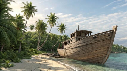 Fototapeta premium old wooden ship with large sails is beached on a sandy shore, with a backdrop of verdant palm trees and misty green hills.