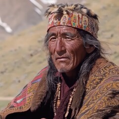 Portrait of a wise elder from the Tibetan highlands dressed in traditional attire during sunset
