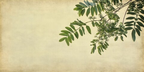 Textured beige paper background with soft green Acacia cyanophylla leaves extending from the upper left corner creating a natural, vintage feel.