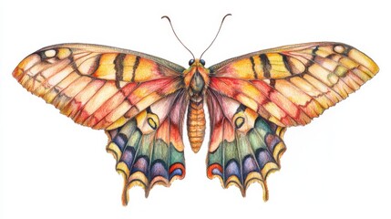 Swallowtail Papillion Machaon butterfly in vibrant watercolor and colored pencil illustration on white background