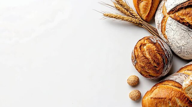 Various types of fresh bread and wheat on a neutral background.